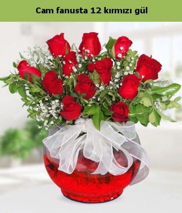 Cam içerisinde 12 adet kırmızı gül  14 şubat sevgililer günü çiçek 