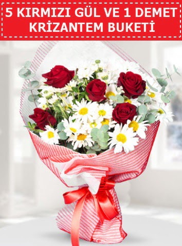 5 adet kırmızı gül ve krizantem buketi  Kocaeli internetten çiçek siparişi 